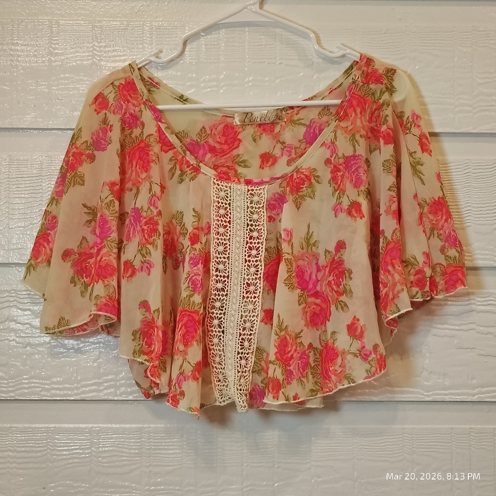 FLORAL ROSE CROPPED OFF SHOULDER BLOUSE WOMENS M CROCHET COQUETTE‎ BOHO FAIRY